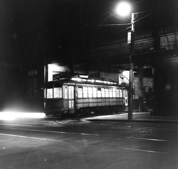 Baltimore trolley leaves the terminal at night
