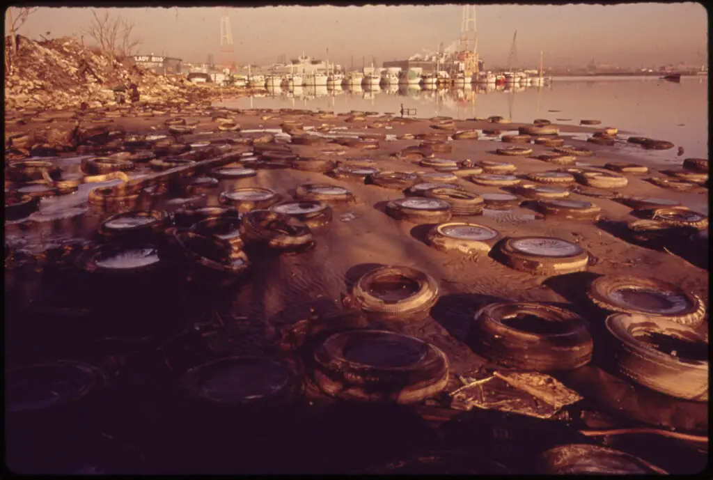 Trash and Old Tires Litter the Shore at the Middle Branch of Baltimore Harbor, 01/1973.