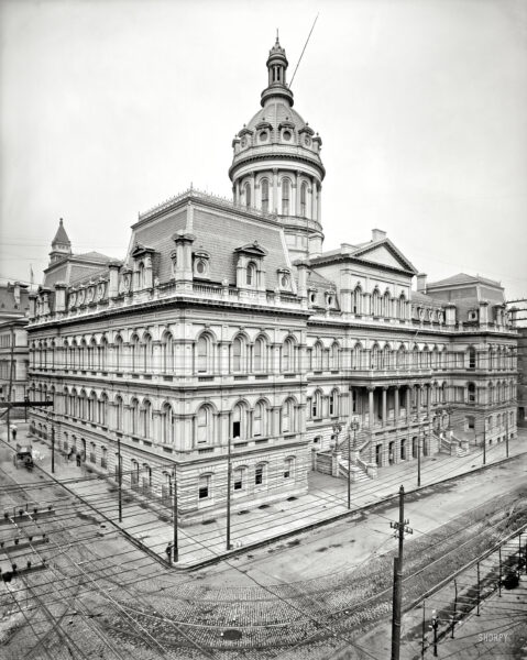 Circa 1900. "Baltimore City Hall." Rising behind a web of wires. 8x10 inch dry plate glass negative, Detroit Publishing Company.