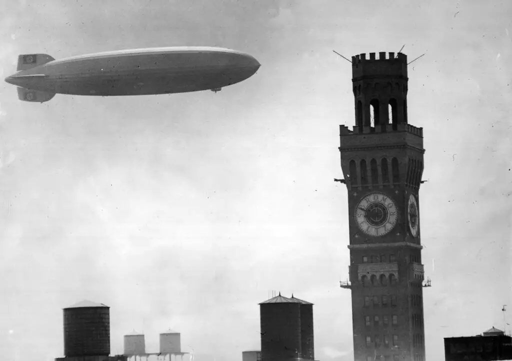 The 804-foot-long dirigible Hindenburg, the "Titanic of the Skies," soars above the Bromo-Seltzer Tower on its way to Lakehurst (N.J.) Naval Air Station on August 11, 1936. Nine months later, it would explode at Lakehurst, killing 35 passengers and crew. (Baltimore Sun)
