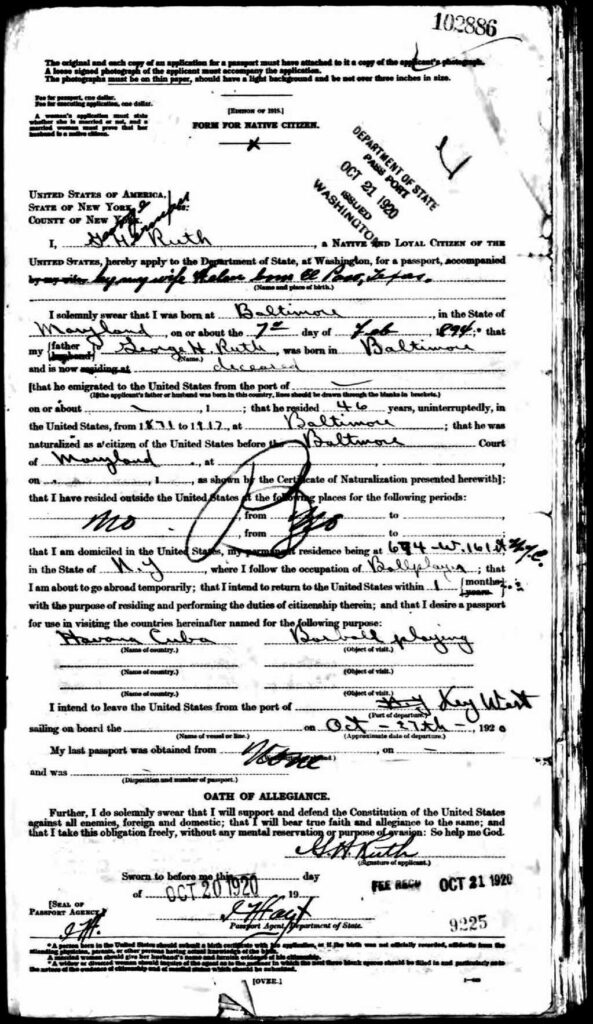 Babe Ruth's 1920 passport application