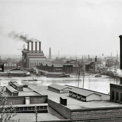 Circa 1903. "Baltimore from Federal Hill." A freight terminal (O'Donnell's Wharf) and the Patapsco flour mill. Detroit Publishing Co. glass negative.