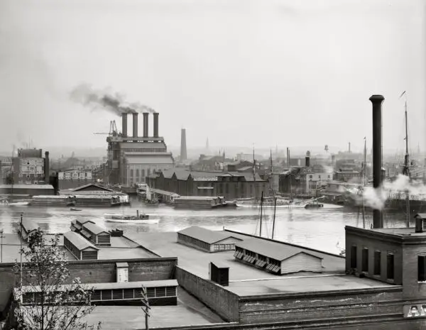 Circa 1903. "Baltimore from Federal Hill." A freight terminal (O'Donnell's Wharf) and the Patapsco flour mill. Detroit Publishing Co. glass negative.