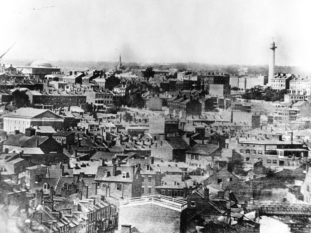 Historic American Buildings Survey, From an old photo, DISTANT VIEW (Left to right, Church at Calvert and Pleasant Streets and First Unitarian Church, Charles and Franklin Streets) - Washington Monument, Mount Vernon Place & Washington, Baltimore, Independent City, MD