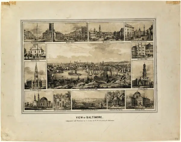 Colored lithograph by E. Sachse & Co., one of two prominent lithography companies in Baltimore in the mid-1800's, that features various views of Baltimore prior to 1853. The center view is from Federal Hill but differs somewhat from others in the collection taken from the same point. From the upper left corner, in clockwise order, the small surrounding views are as follows: Washington Monument, Market-Street, Broadway, City Hotel and Battle Monument, Odd Fellows Hall, St. Paul's Church, Exchange Hotel, Calvert Street City Spring, Lighthouse and Fort McHenry, Gateway of Greenmount Cemetery, The Cathedral, St. Alphonsus Church and Zion's Church. The Market Street scene in upper row is a miniature replica of the Market Street print in this collection, Cator Print number 168. The Odd Fellows Hall at Gay and Fayette Streets was built in 1831 and enlarged in 1843. St. Paul's Episcopal Church, built in 1817 after designs by Robert Cary Long, was destroyed by fire in 1854. It stood on the site of the present St. Paul's Church which was built immediately thereafter. Among the other prominent structures shown, Old Zion Church, St. Alphonsus Church and Greenmount Cemetery gateway are standing today. The view of the harbor was made from the landward side of the Lazaretto.