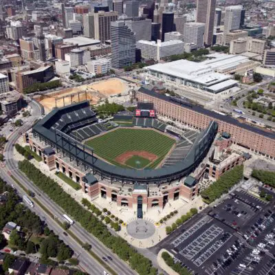 Beautiful aerial view of Oriole Park at Camden Yards in Baltimore, Maryland. May 6th, 2011