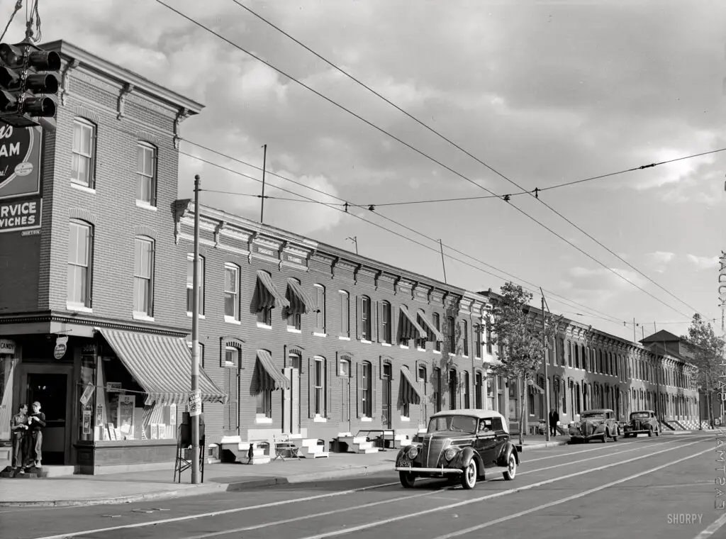 "Row houses, Baltimore, June 1940." Medium format safety negative by Jack Delano for the Farm Security Administration