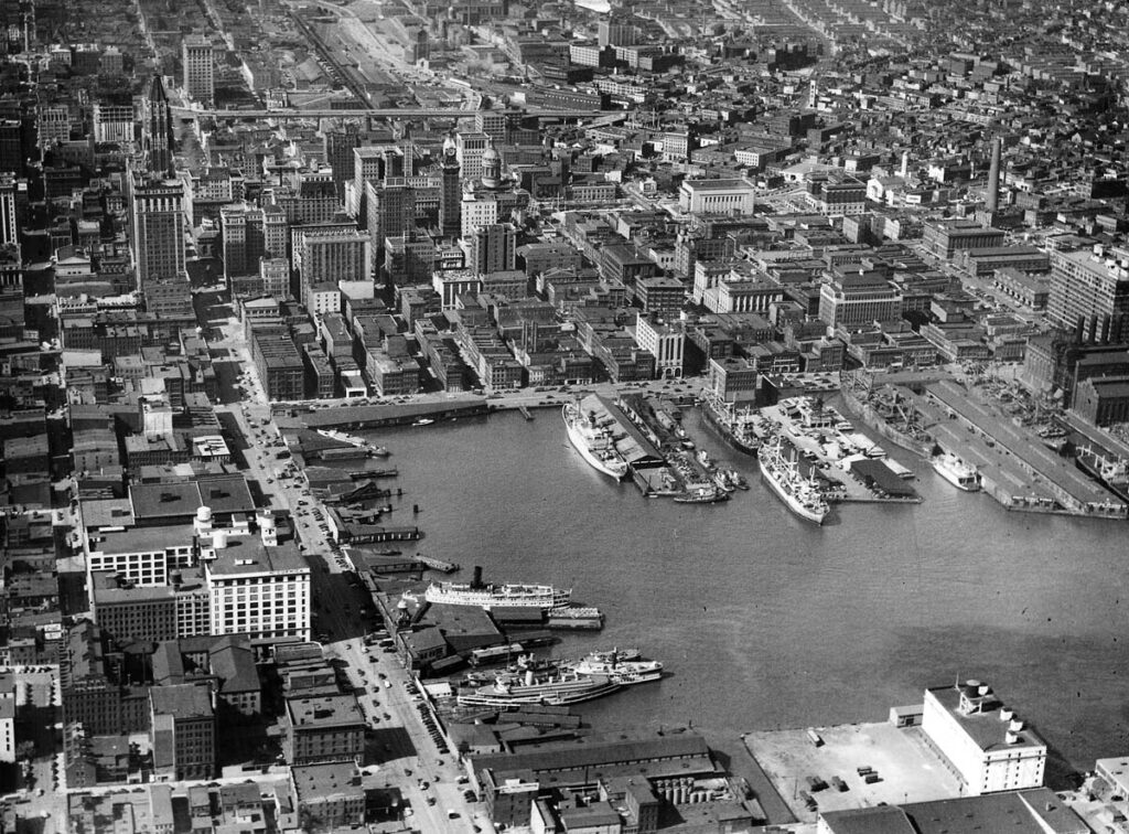 An aerial view of what is now considered the Inner Harbor shot October 20, 1948. (Robert F. Kniesche/Baltimore Sun)