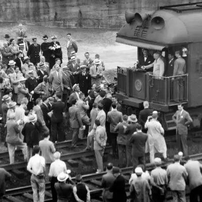 Harry S Truman addressing the crowd at a train stop in Baltimore in June of 1948. (Robert F. Kniesche/Baltimore Sun)