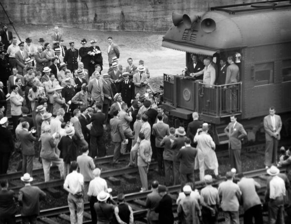 Harry S Truman addressing the crowd at a train stop in Baltimore in June of 1948. (Robert F. Kniesche/Baltimore Sun)